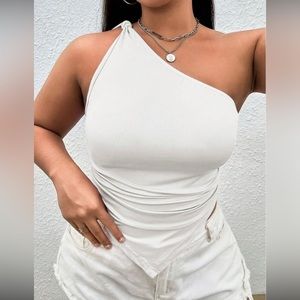 New- Plus One Shoulder Ruched Hanky Hem Top